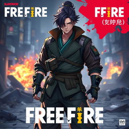 An artistic representation of Muzan Kibutsuji from Demon Slayer wearing a Free Fire character bundle outfit, featuring a stylish, cohesive design that blends elements of traditional Japanese clothing with modern tactical gear