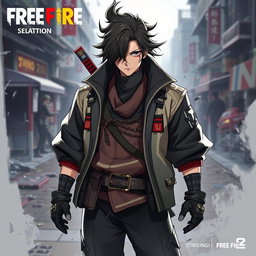 An artistic representation of Muzan Kibutsuji from Demon Slayer wearing a Free Fire character bundle outfit, featuring a stylish, cohesive design that blends elements of traditional Japanese clothing with modern tactical gear
