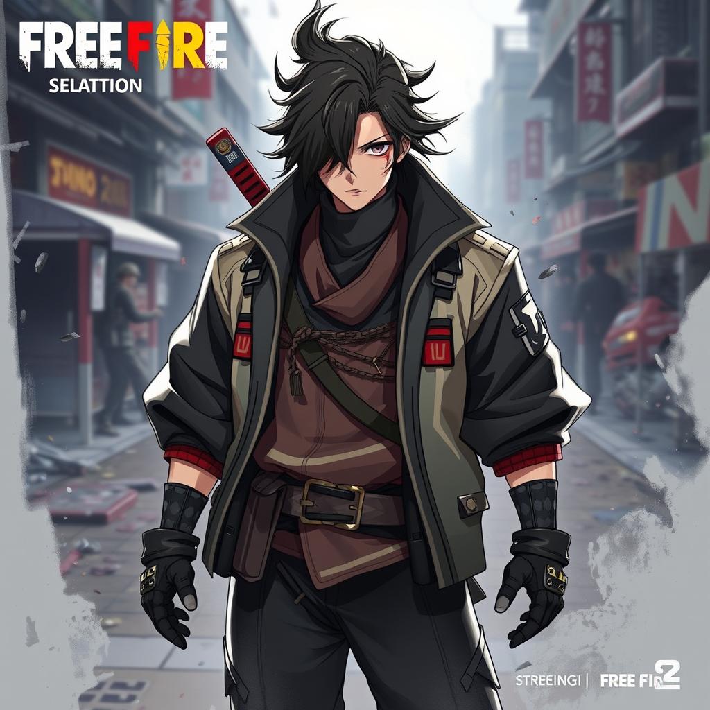 An artistic representation of Muzan Kibutsuji from Demon Slayer wearing a Free Fire character bundle outfit, featuring a stylish, cohesive design that blends elements of traditional Japanese clothing with modern tactical gear