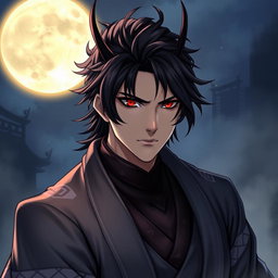 A detailed portrait of Muzan Kibutsuji from Demon Slayer, capturing his iconic features such as his sharp facial structure, dark hair styled elegantly, and piercing red eyes