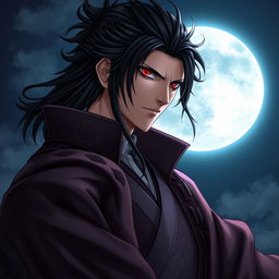 A detailed portrait of Muzan Kibutsuji from Demon Slayer, capturing his iconic features such as his sharp facial structure, dark hair styled elegantly, and piercing red eyes