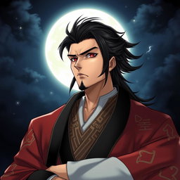 A detailed portrait of Muzan Kibutsuji from Demon Slayer, capturing his iconic features such as his sharp facial structure, dark hair styled elegantly, and piercing red eyes