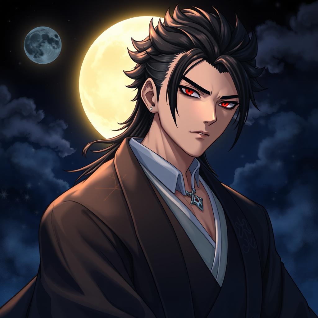 A detailed portrait of Muzan Kibutsuji from Demon Slayer, capturing his iconic features such as his sharp facial structure, dark hair styled elegantly, and piercing red eyes