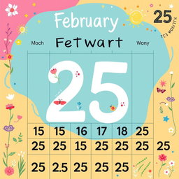 A large, artistic calendar design where every day of the month shows the date 'February 25'