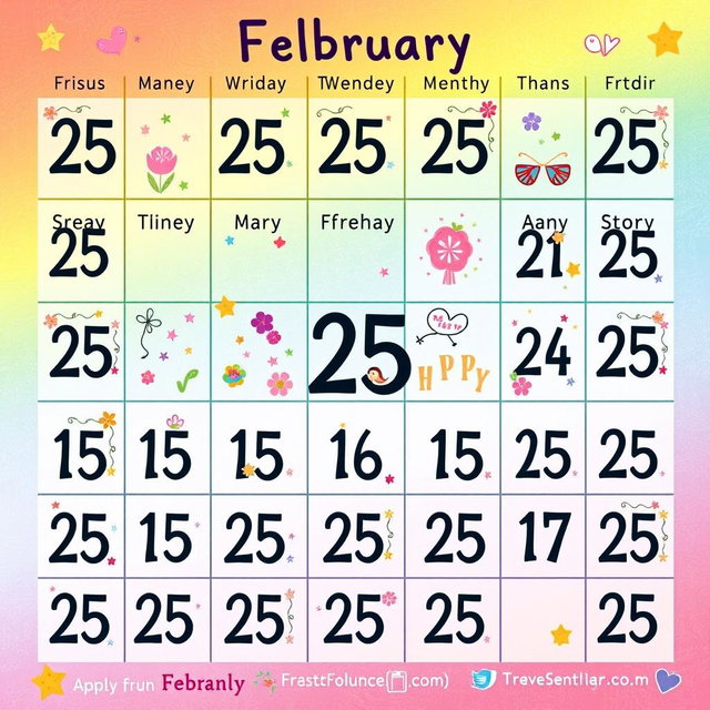 A large, artistic calendar design where every day of the month shows the date 'February 25'