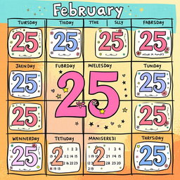 A large, artistic calendar design where every day of the month shows the date 'February 25'