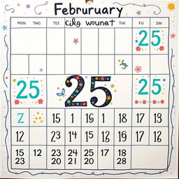 A large, artistic calendar design where every day of the month shows the date 'February 25'