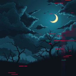 A cover illustration depicting a raw and melancholic night scene, with dark clouds and a crescent moon casting a faint light