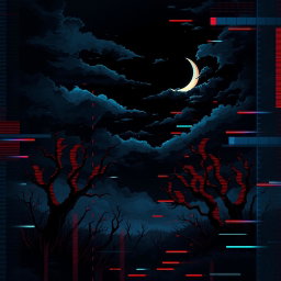 A cover illustration depicting a raw and melancholic night scene, with dark clouds and a crescent moon casting a faint light