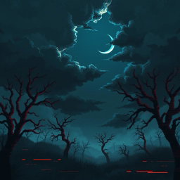 A cover illustration depicting a raw and melancholic night scene, with dark clouds and a crescent moon casting a faint light