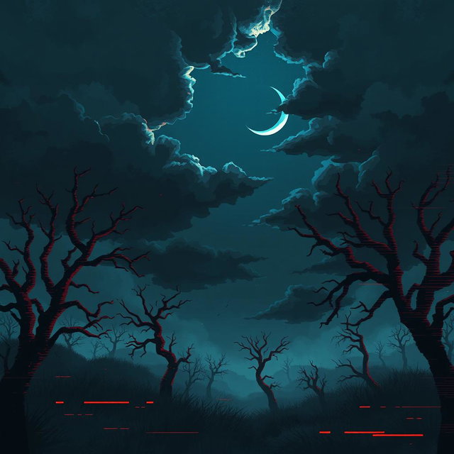 A cover illustration depicting a raw and melancholic night scene, with dark clouds and a crescent moon casting a faint light