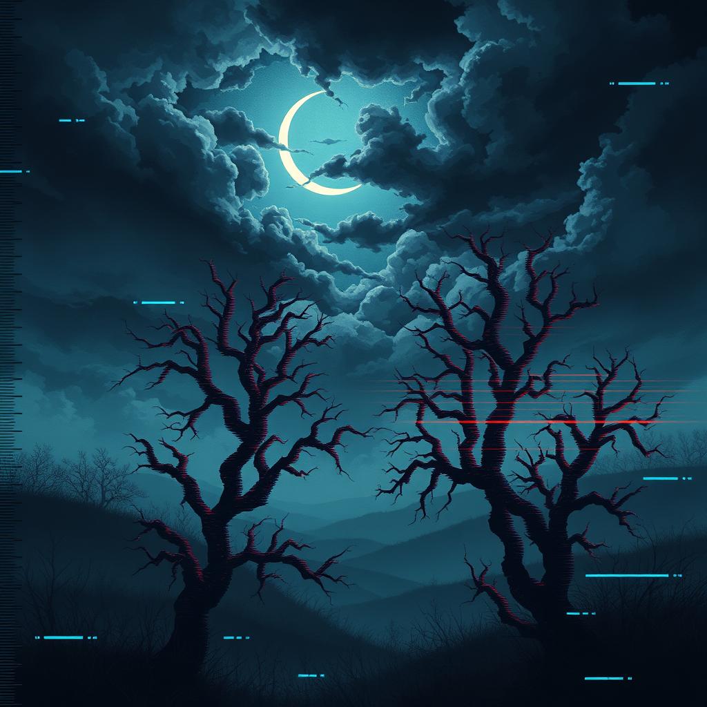 A cover illustration depicting a raw and melancholic night scene, with dark clouds and a crescent moon casting a faint light