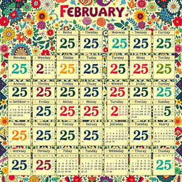 A large, creatively designed calendar featuring all 365 days of the year, with each day uniquely displaying the date 'February 25'