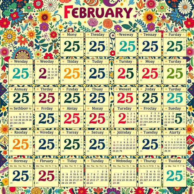 A large, creatively designed calendar featuring all 365 days of the year, with each day uniquely displaying the date 'February 25'