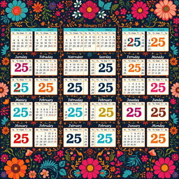 A large, creatively designed calendar featuring all 365 days of the year, with each day uniquely displaying the date 'February 25'