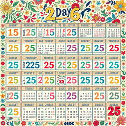 A large, creatively designed calendar featuring all 365 days of the year, with each day uniquely displaying the date 'February 25'