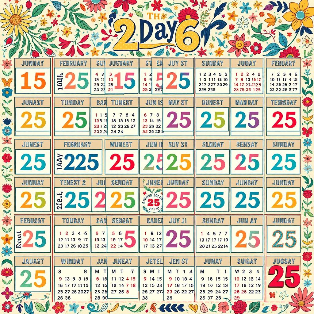 A large, creatively designed calendar featuring all 365 days of the year, with each day uniquely displaying the date 'February 25'