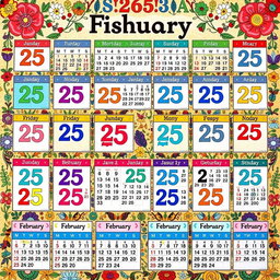 A large, creatively designed calendar featuring all 365 days of the year, with each day uniquely displaying the date 'February 25'