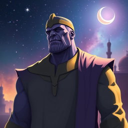 A reimagined version of Thanos, the iconic Marvel villain, dressed in traditional Muslim attire, including a thobe and a kufi cap, standing solemnly and reflecting thoughtfully