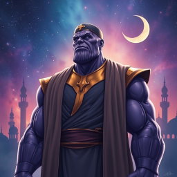 A reimagined version of Thanos, the iconic Marvel villain, dressed in traditional Muslim attire, including a thobe and a kufi cap, standing solemnly and reflecting thoughtfully