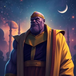 A reimagined version of Thanos, the iconic Marvel villain, dressed in traditional Muslim attire, including a thobe and a kufi cap, standing solemnly and reflecting thoughtfully