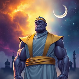 A reimagined version of Thanos, the iconic Marvel villain, dressed in traditional Muslim attire, including a thobe and a kufi cap, standing solemnly and reflecting thoughtfully
