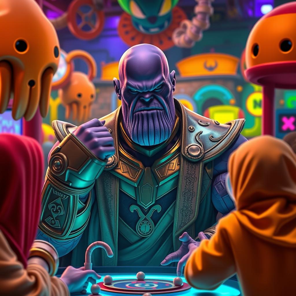 A whimsical and imaginative scene depicting Thanos from the Marvel universe, dressed in traditional Muslim attire, engaging in a game inspired by the concept of 'Squid Game'
