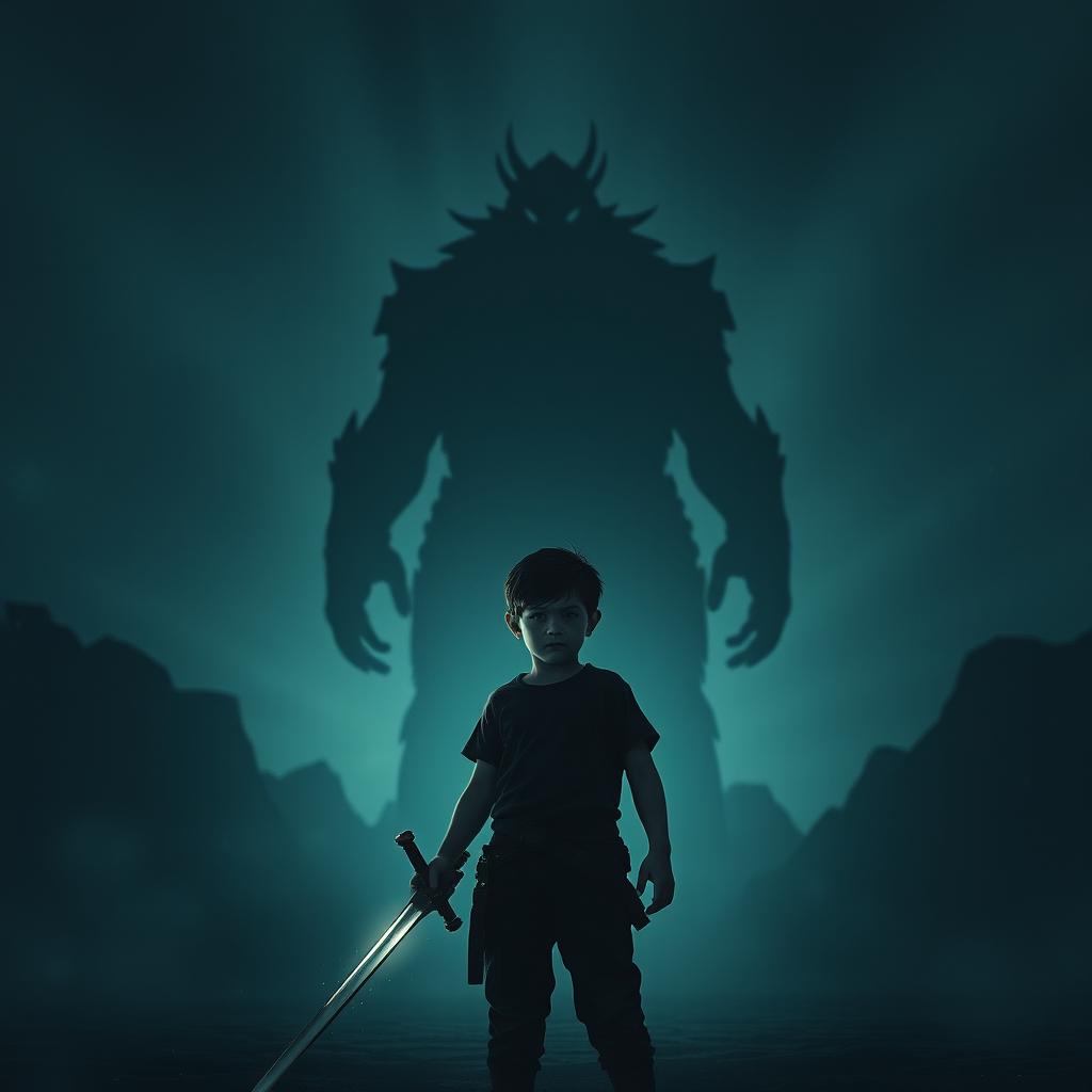 A melancholic and raw night scene with digital glitches, featuring a towering shadow of a giant monster in the background