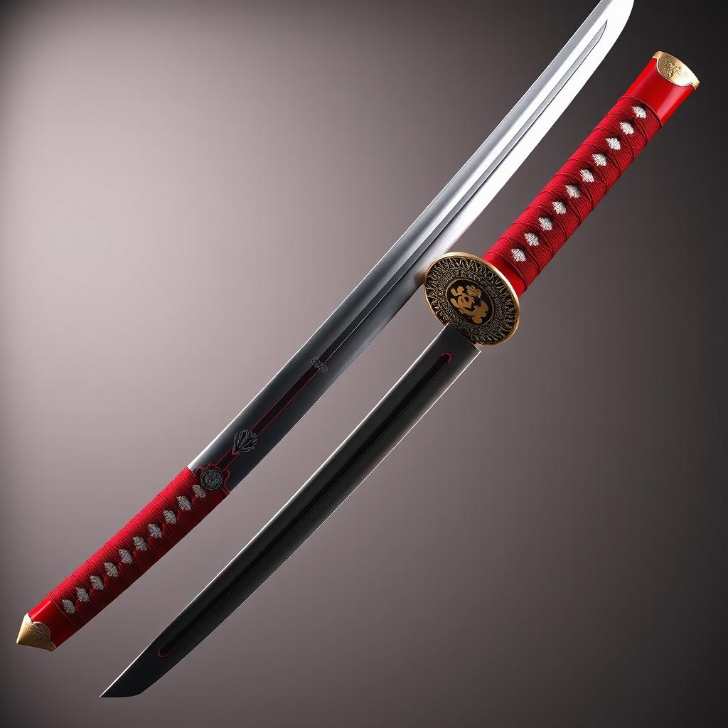 A stunning crimson daisho pair, featuring an exquisite katana and wakizashi elegantly displayed together