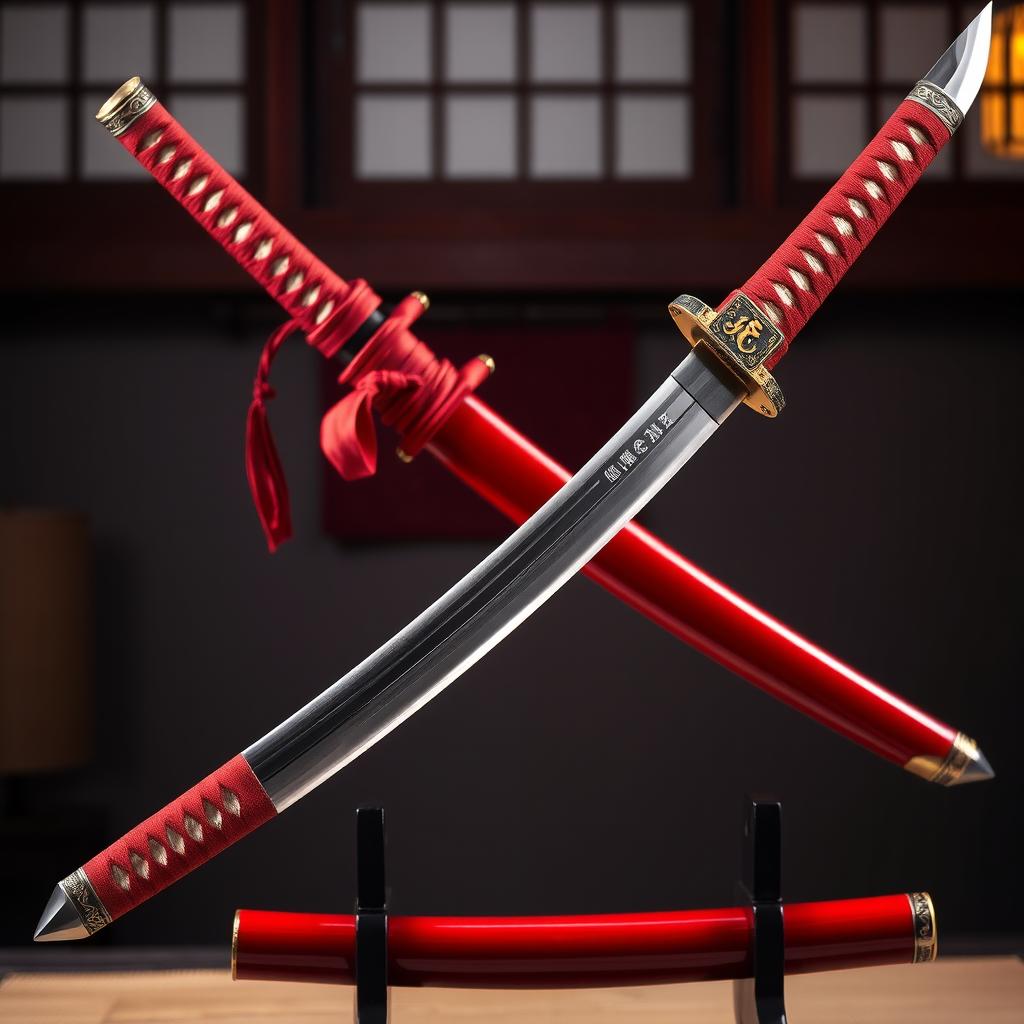 A breathtaking crimson daisho pair, featuring a beautifully crafted katana and wakizashi, prominently displayed