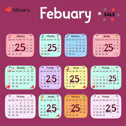 A whimsical calendar design for an entire year where every month is labeled 'February', and each day within the months reads '25'