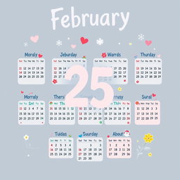 A whimsical calendar design for an entire year where every month is labeled 'February', and each day within the months reads '25'
