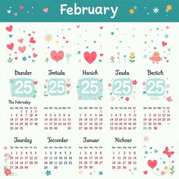 A whimsical calendar design for an entire year where every month is labeled 'February', and each day within the months reads '25'