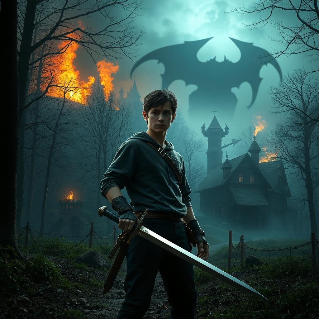 A mystical forest at night, with a medieval village in the background partially engulfed in flames, conveying a sense of chaos