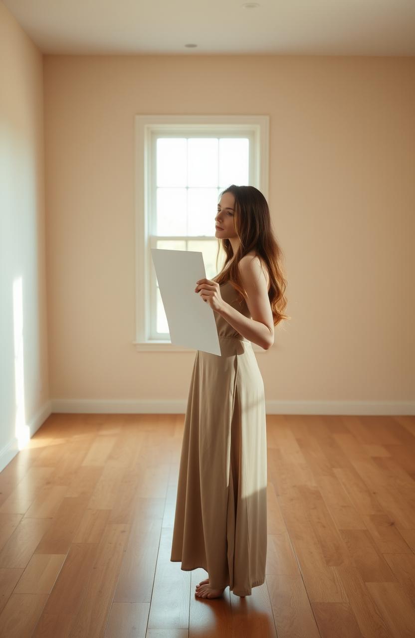 A woman holding a sheet of paper in an empty house
