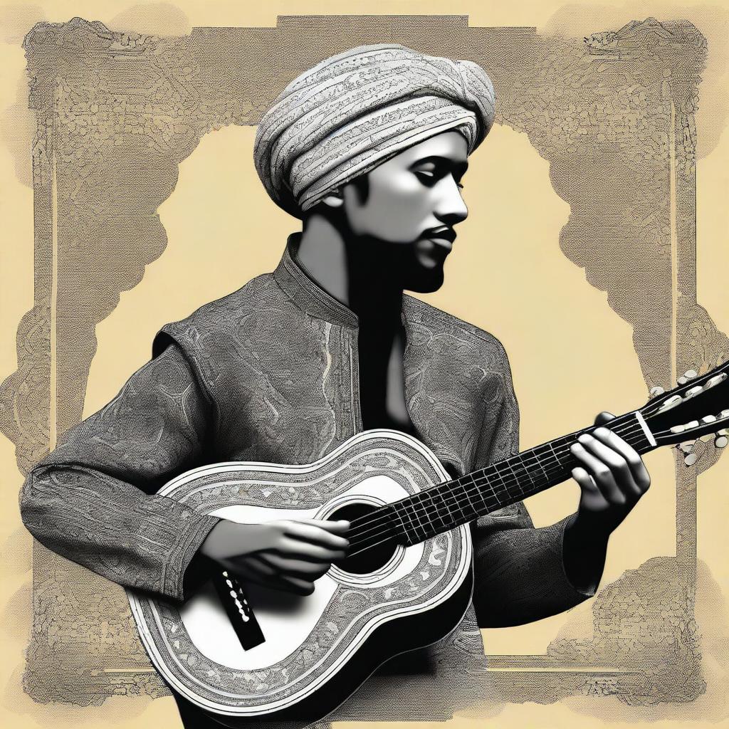 A digital art image showcasing a Muslim person playing a Spanish guitar