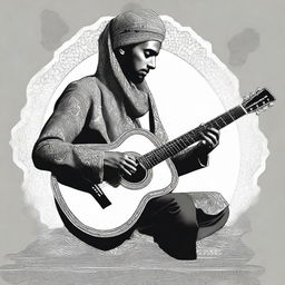 A digital art image showcasing a Muslim person playing a Spanish guitar