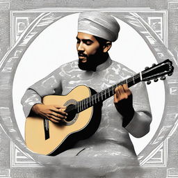 A digital art image showcasing a Muslim person playing a Spanish guitar