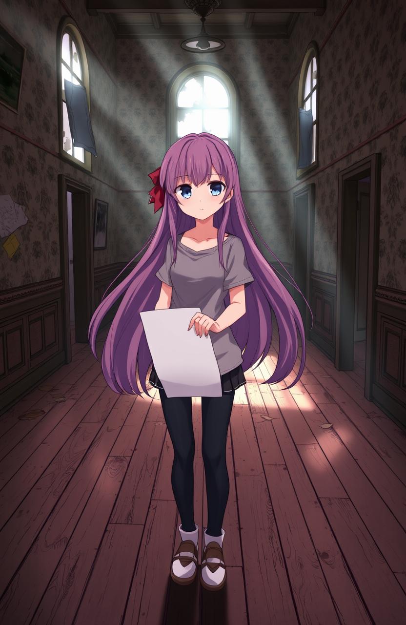 An anime girl with long flowing hair, holding a piece of paper, standing inside an empty, abandoned house