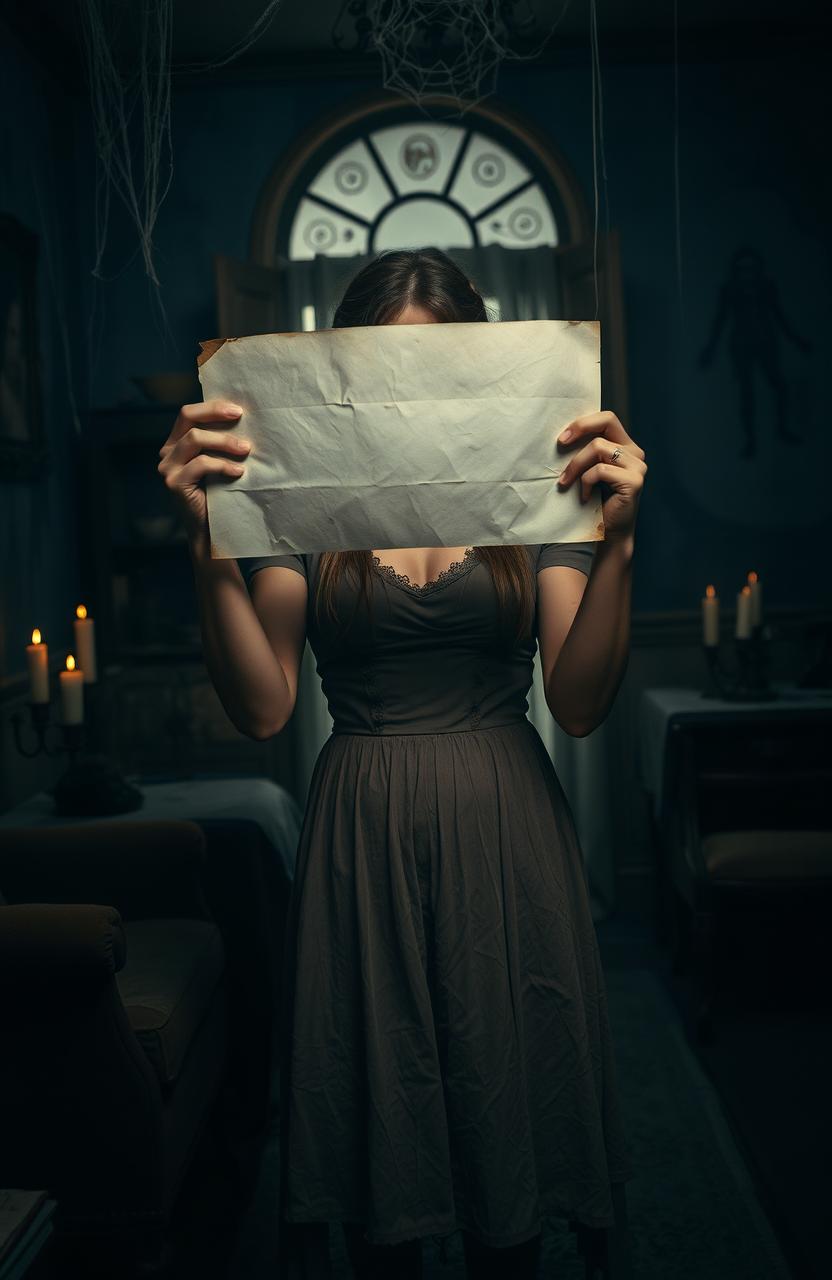 A woman standing in an eerie haunted house, holding a mysterious sheet of paper