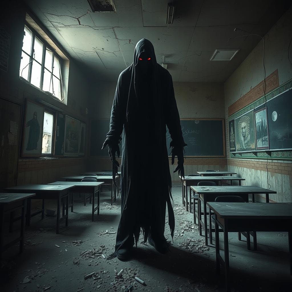 A terrifying monster lurking inside an abandoned school in Iran, capturing the atmosphere of eeriness and suspense