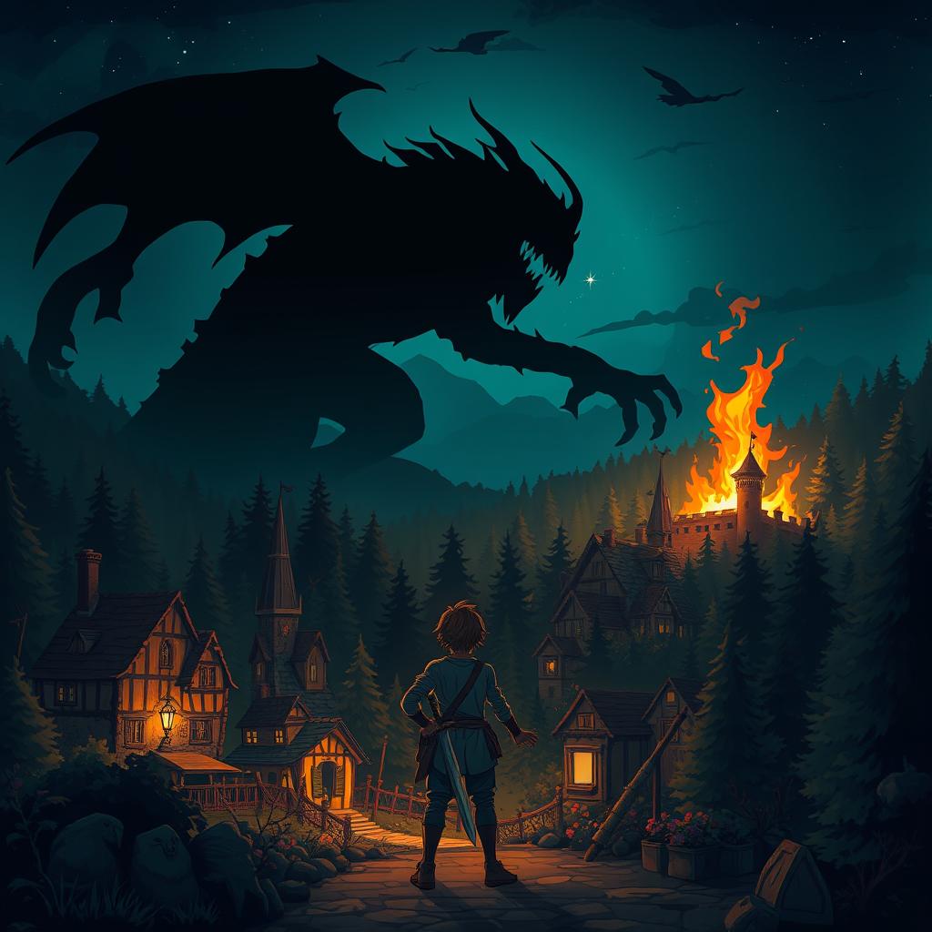 A picturesque medieval village nestled in a dense forest, with the silhouette of a mysterious monster casting a long shadow over the scene