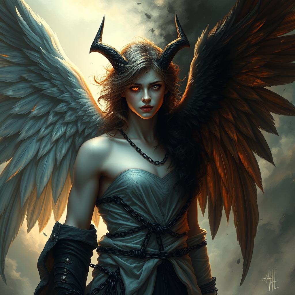 A striking portrayal of a celestial being transformed from angel to devil, showcasing a dramatic contrast
