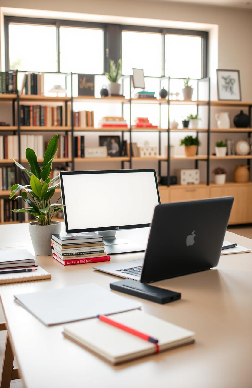 A well-organized workspace featuring a stylish desk with neatly arranged items, including a laptop, a potted plant, notebooks, and stationery