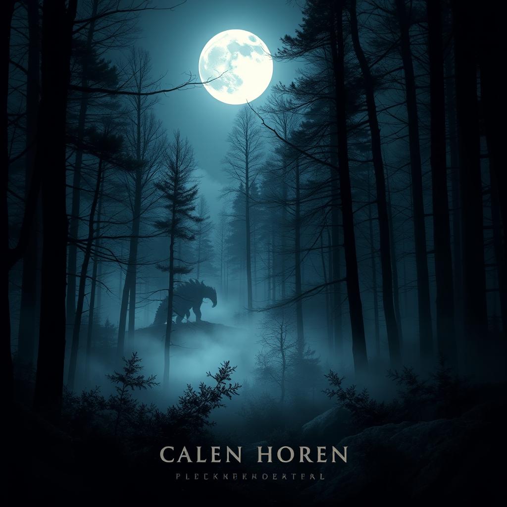 A book cover design featuring a cold forest at night illuminated by a full moon