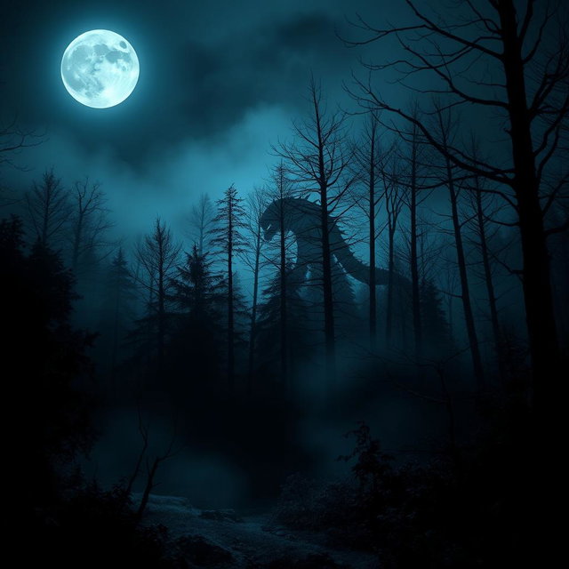 A book cover design featuring a cold forest at night illuminated by a full moon
