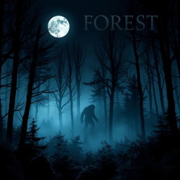 A book cover design featuring a cold forest at night illuminated by a full moon