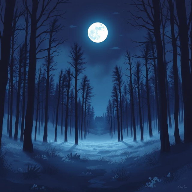 A book cover featuring a cold forest at night under a full moon, illustrated in an anime style