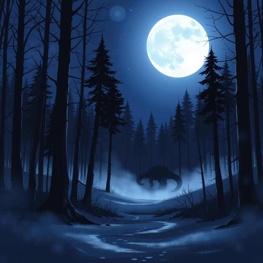A book cover featuring a cold forest at night under a full moon, illustrated in an anime style