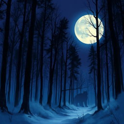 A book cover featuring a cold forest at night under a full moon, illustrated in an anime style